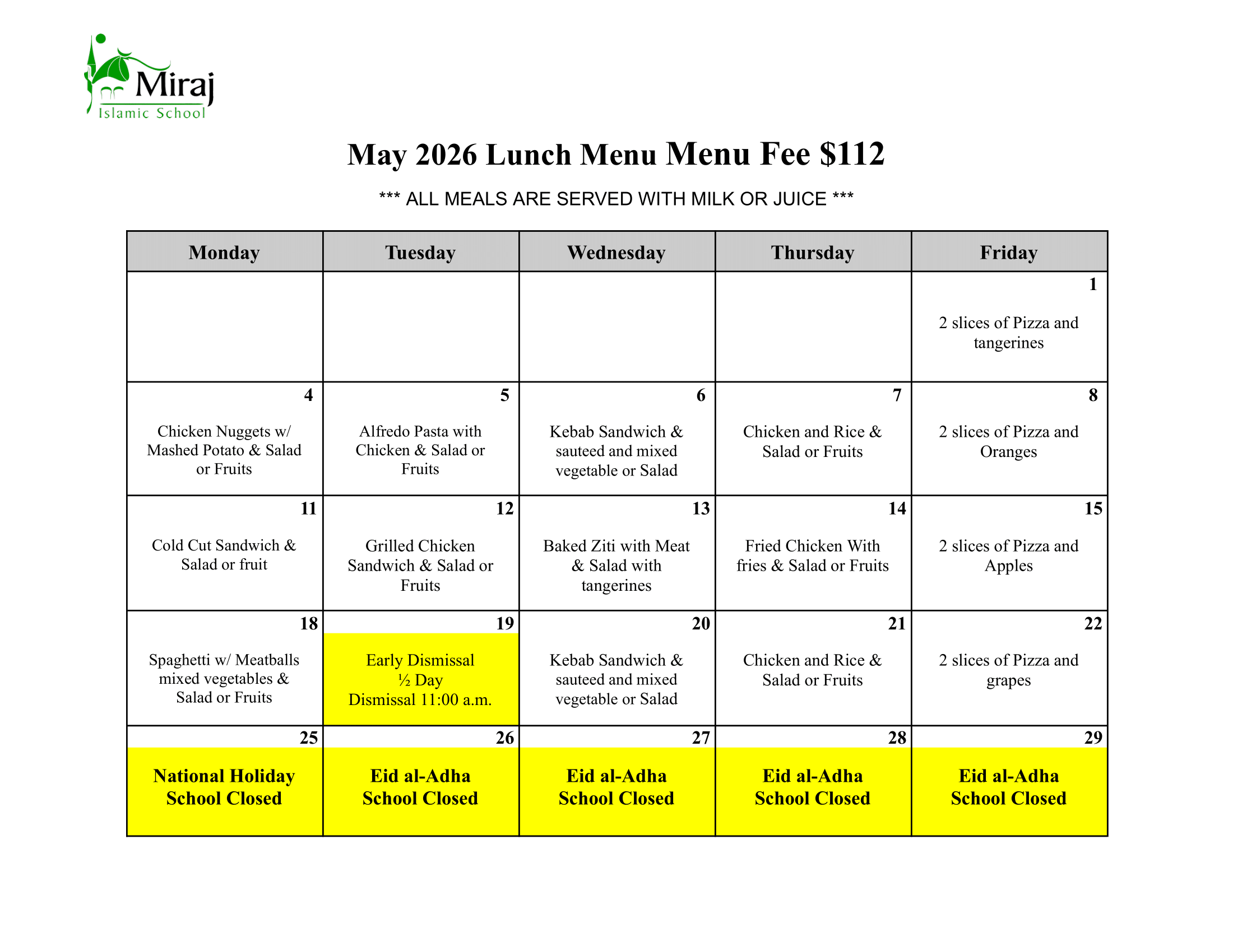 May Lunch Menu May Lunch Menu