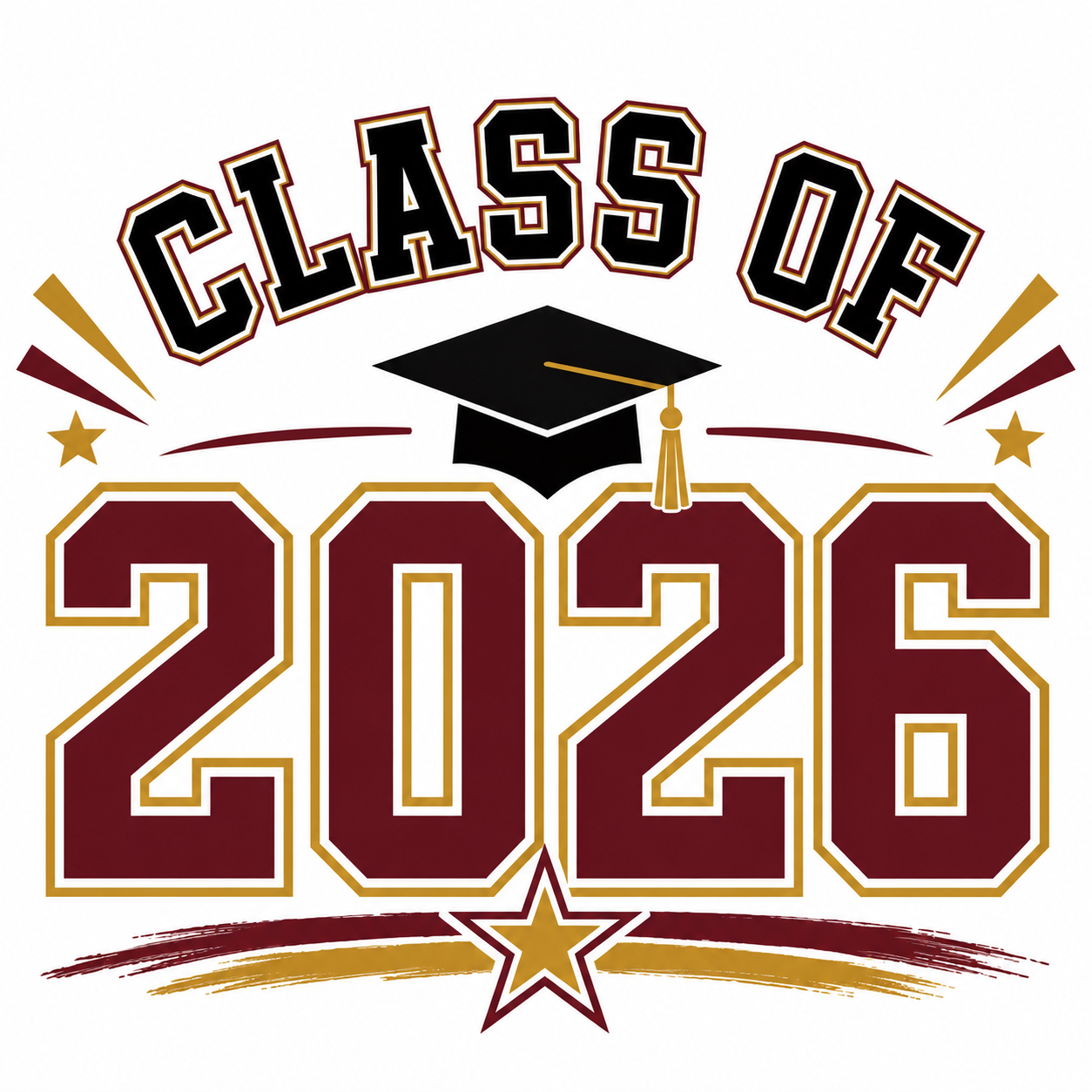 Class of 2026 with grad cap centered in the middle of the words. Stars are on the outside of the words 