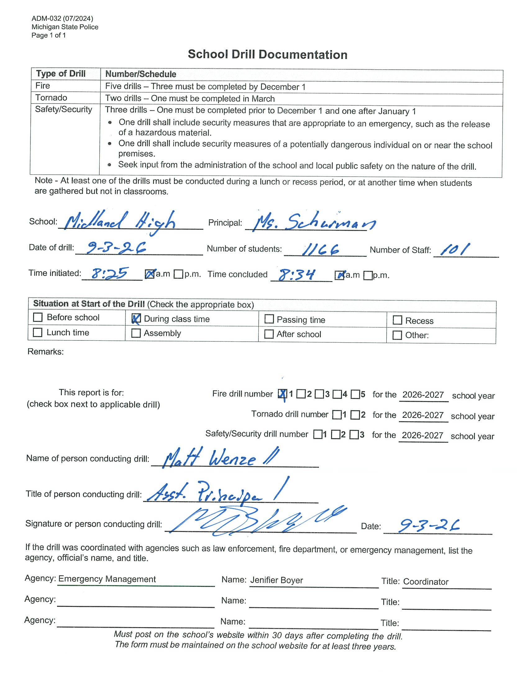 Woodcrest Elementary fire drill form 2026-2027