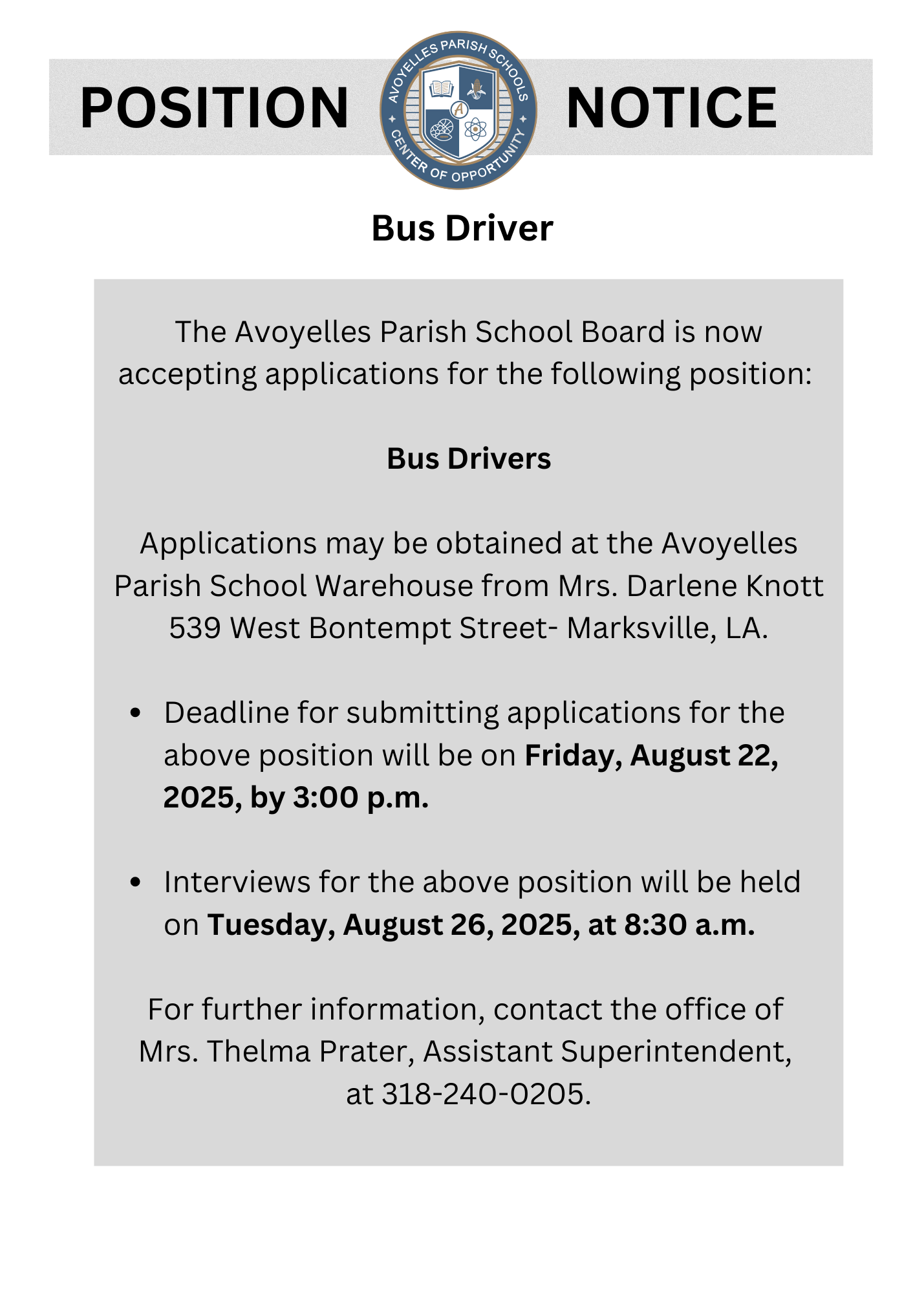 Bus Driver Job Posting 8.12.25
