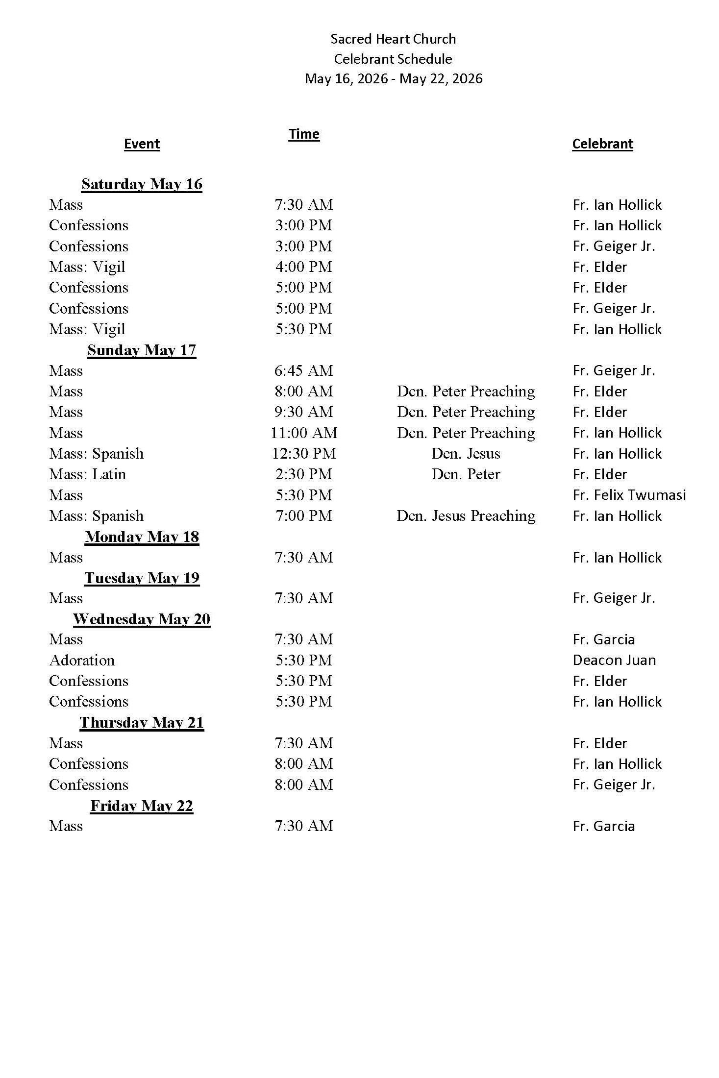 celebrant schedule