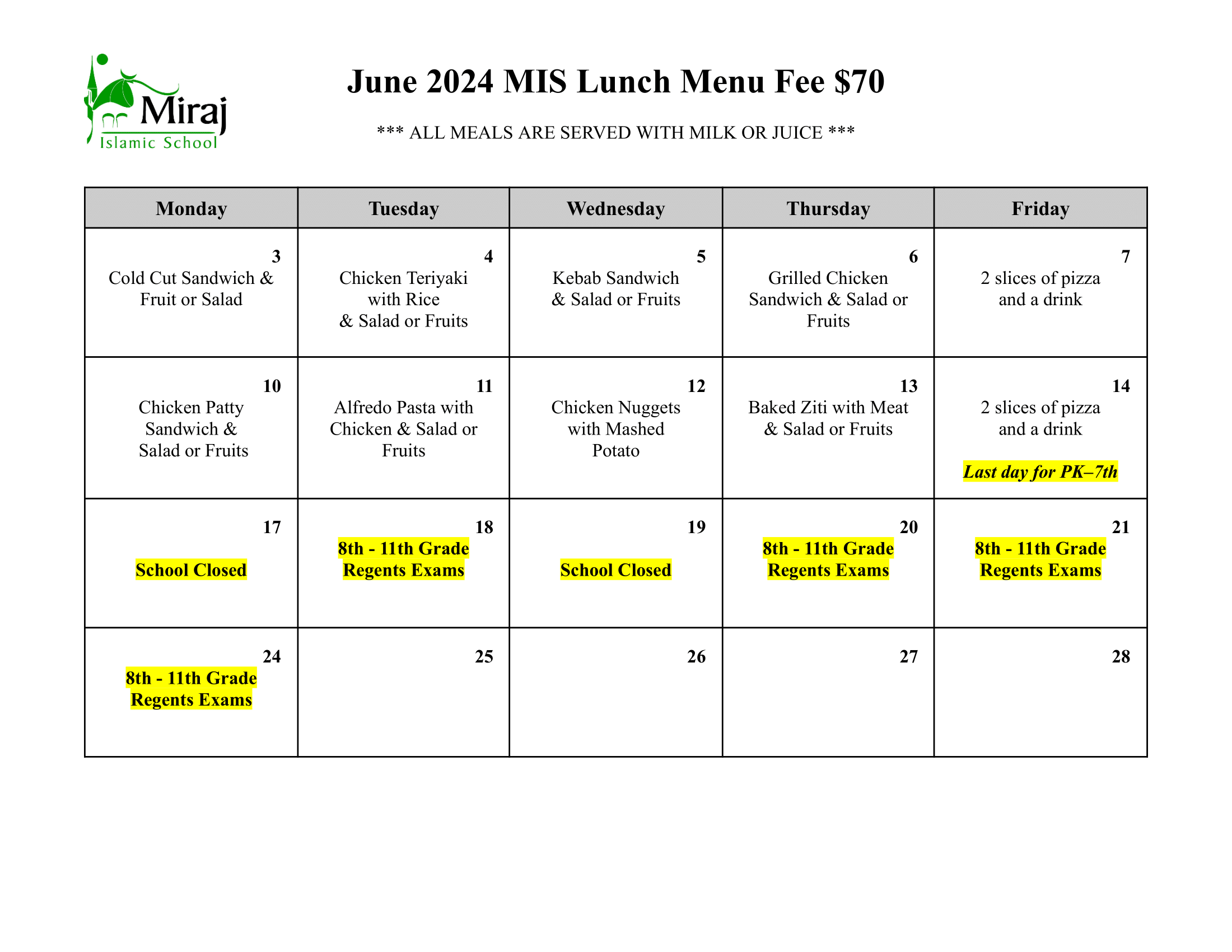 June 2024 Lunch Menu