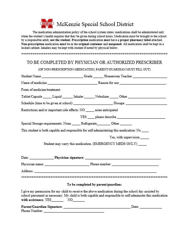 Prescribed Medication Permission Form