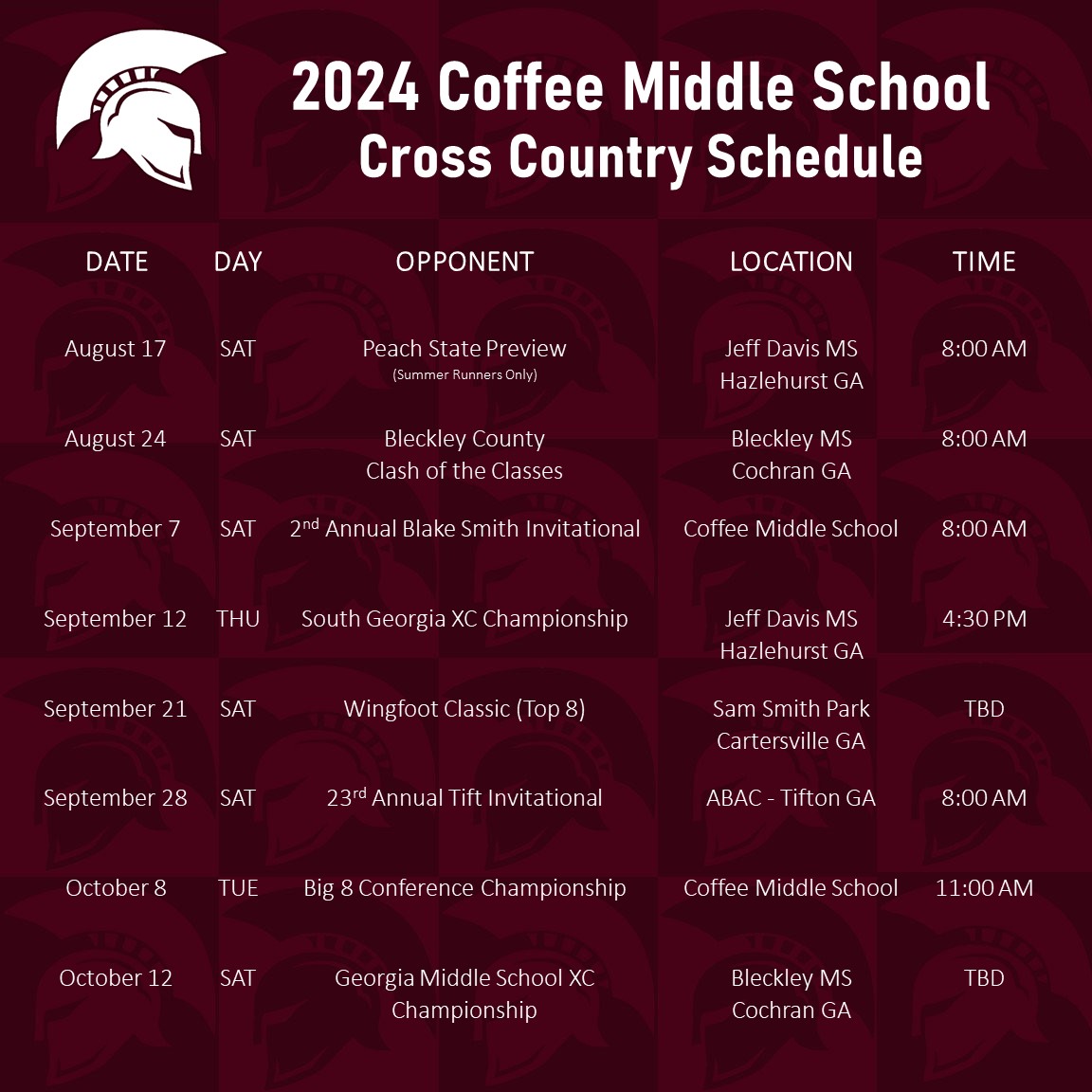 2024 Coffee Middle School Cross Country Schedule