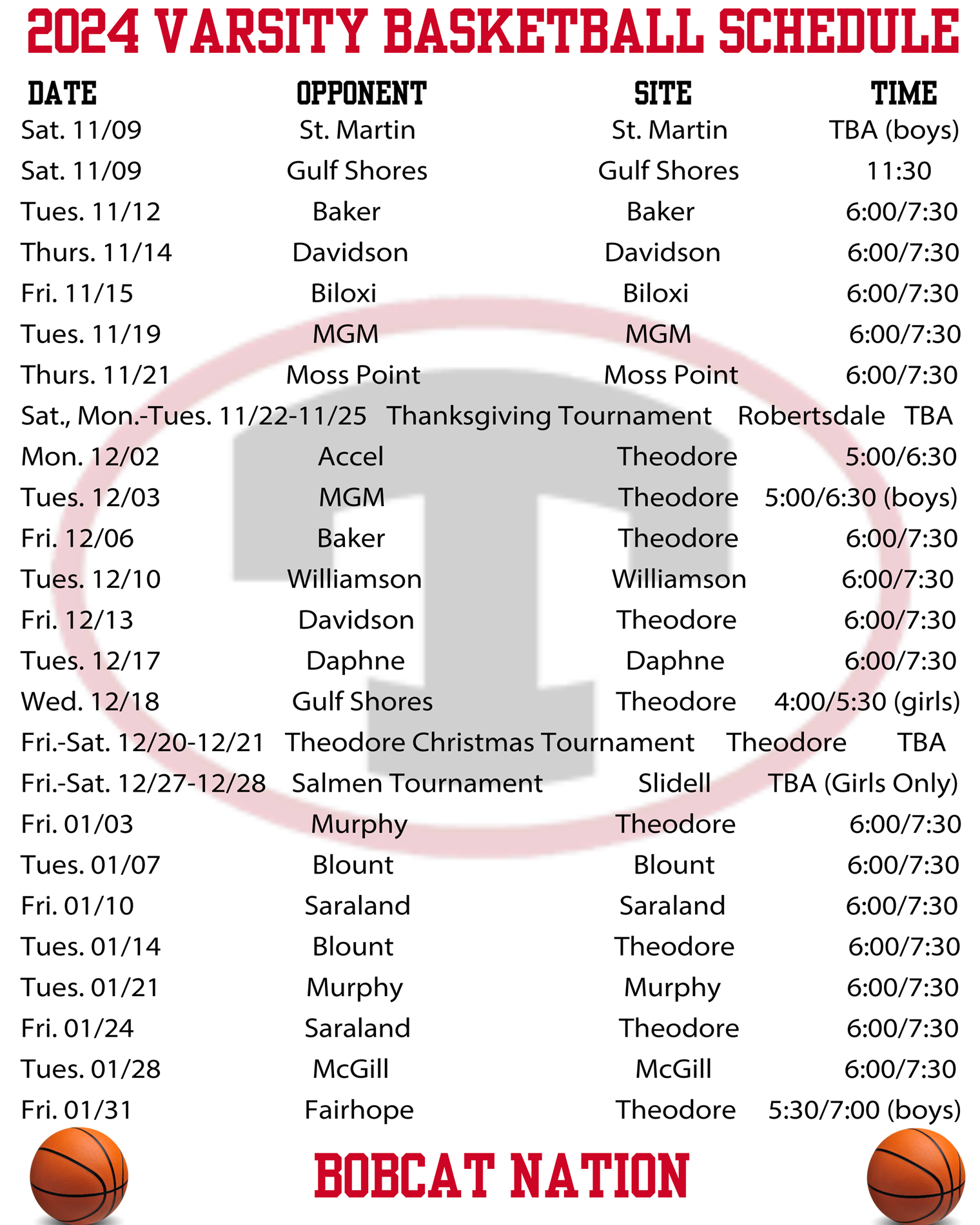 Varsity Basketball Schedule