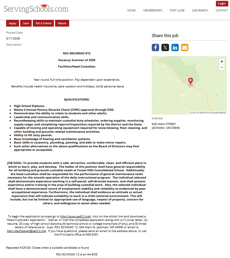 Serving School Facilities / Head Custodian