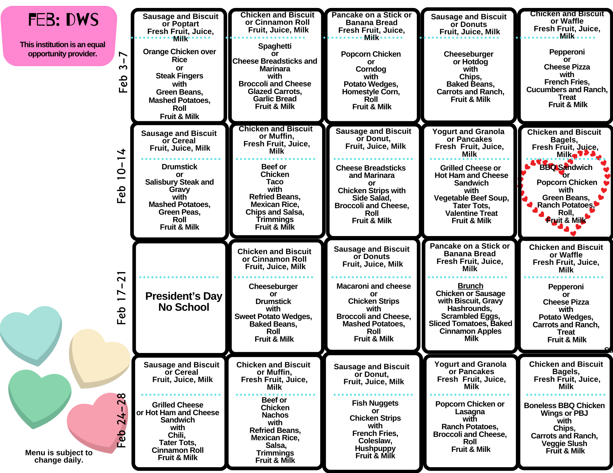 School Menu for Feb