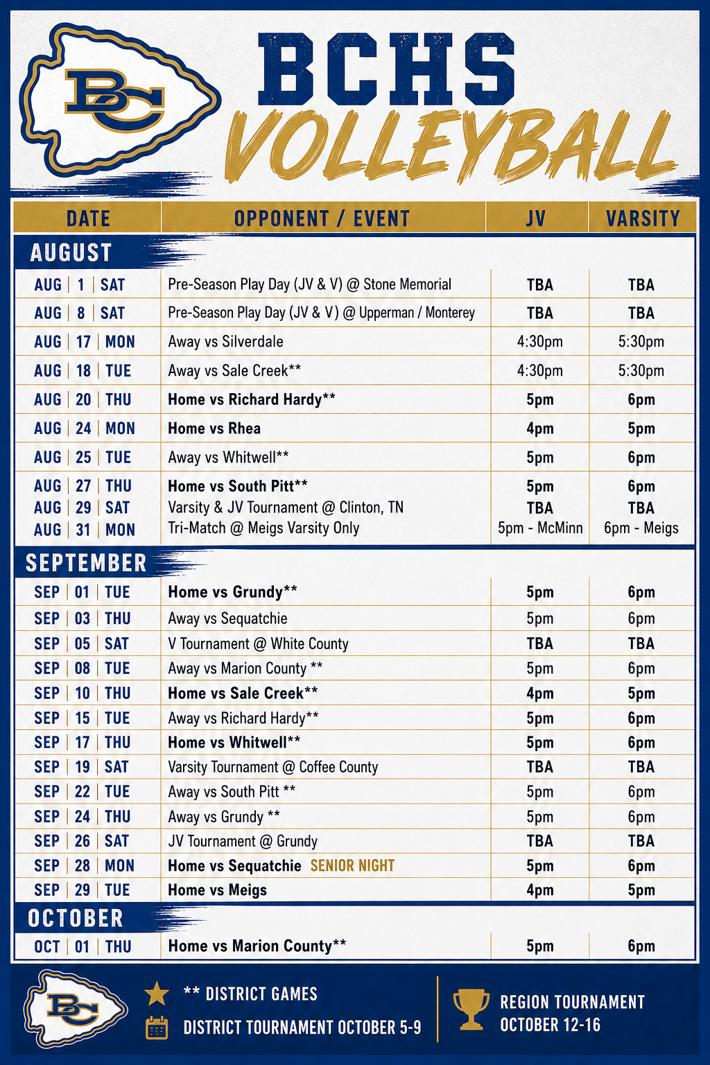 2026 BCHS Lady Warriors Volleyball Schedule