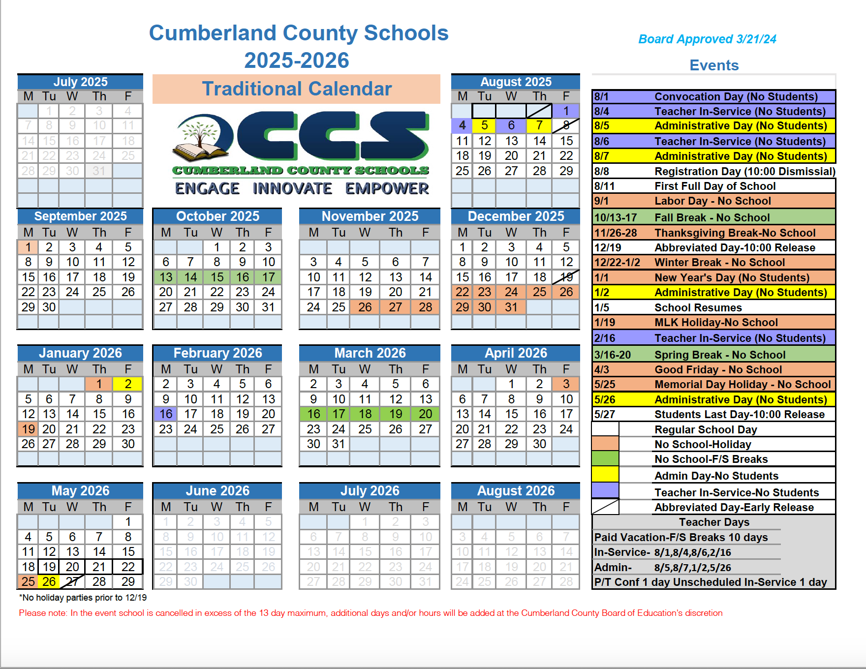 Tcaps Holiday Calendar 2025-2026