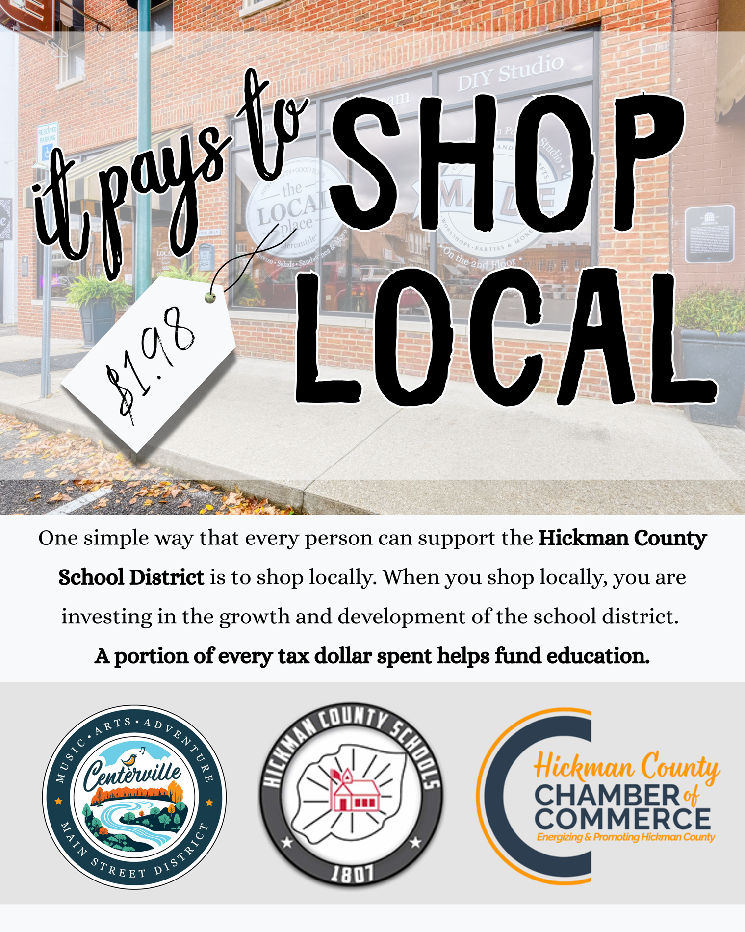 Shop local graphic supporting our tax dollars staying the county helping schools