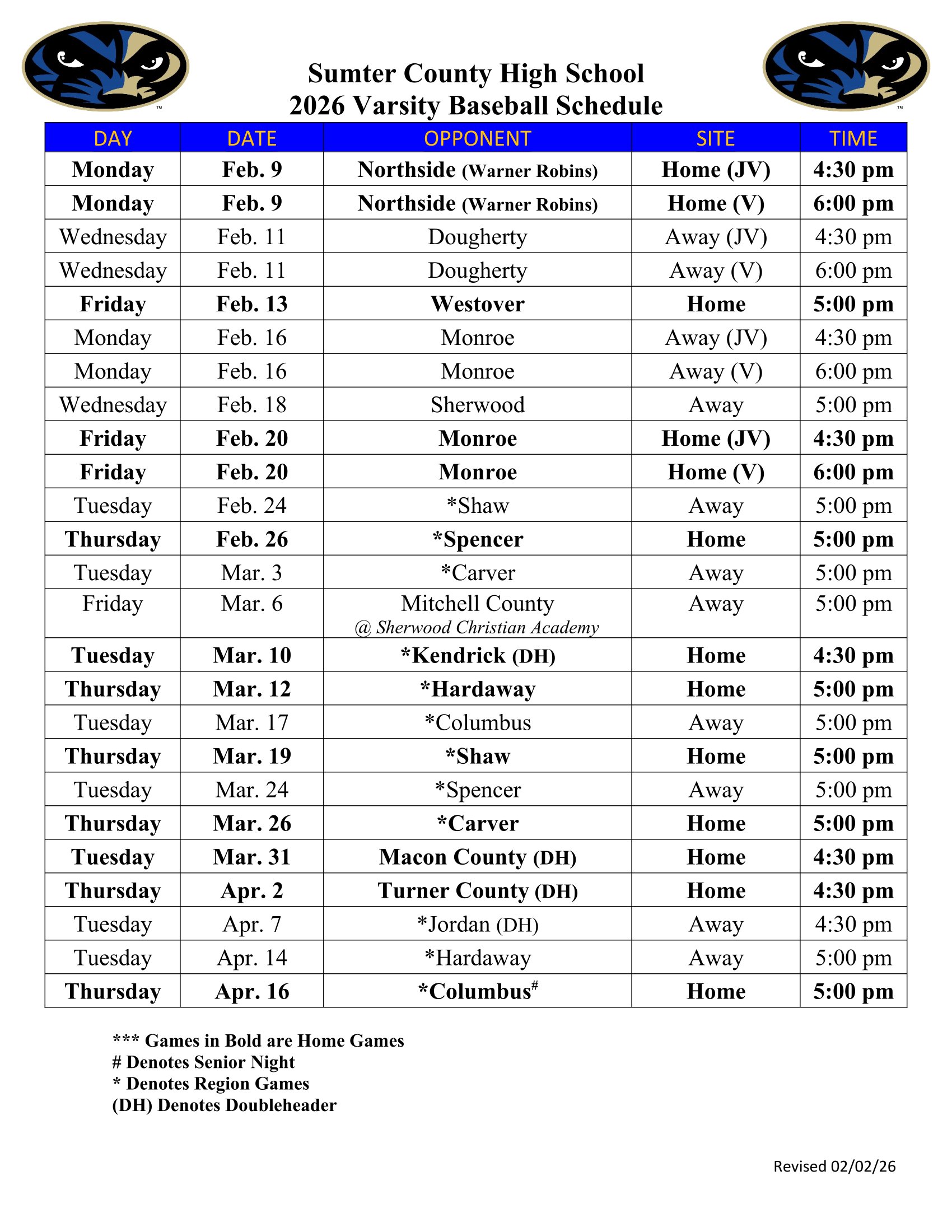 Spring Varsity Basebal Schedule 