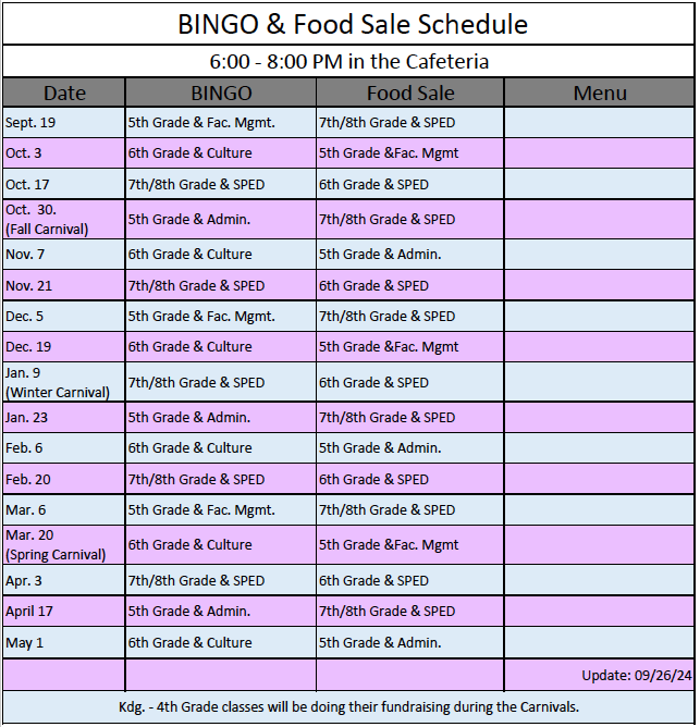 BINGO/Food Sale Schedule