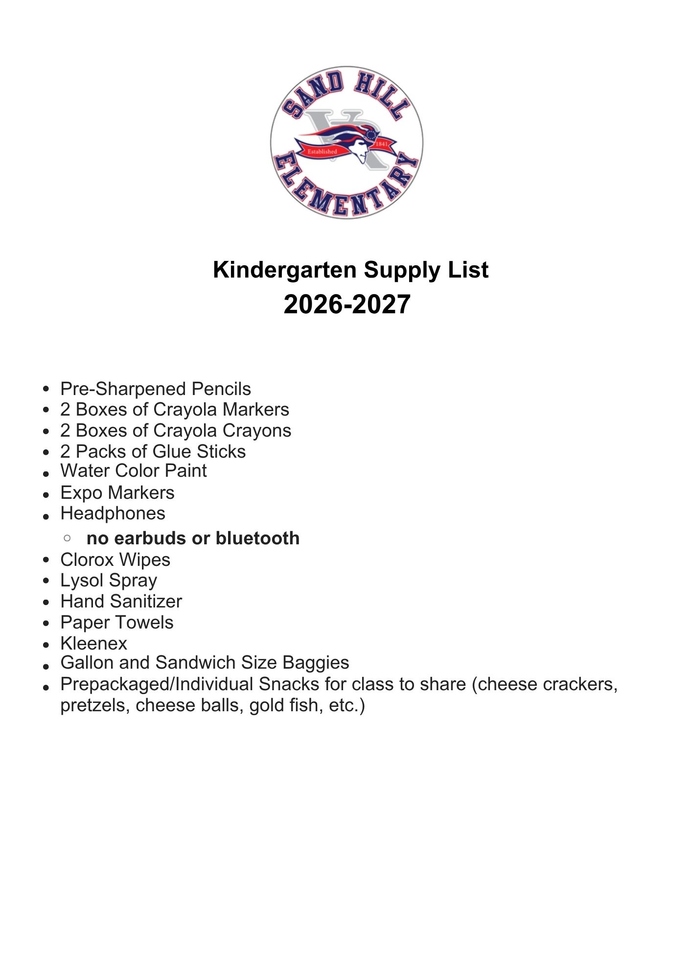 Kindergarten Supply List 2026 - 2027