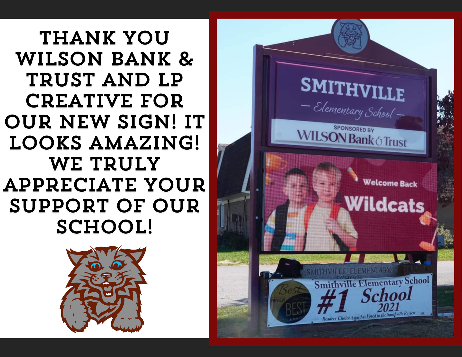 thank you wilson bank & Trust and LP Creative for our new sign! it looks amazing! we truly appreciate your support of our school!