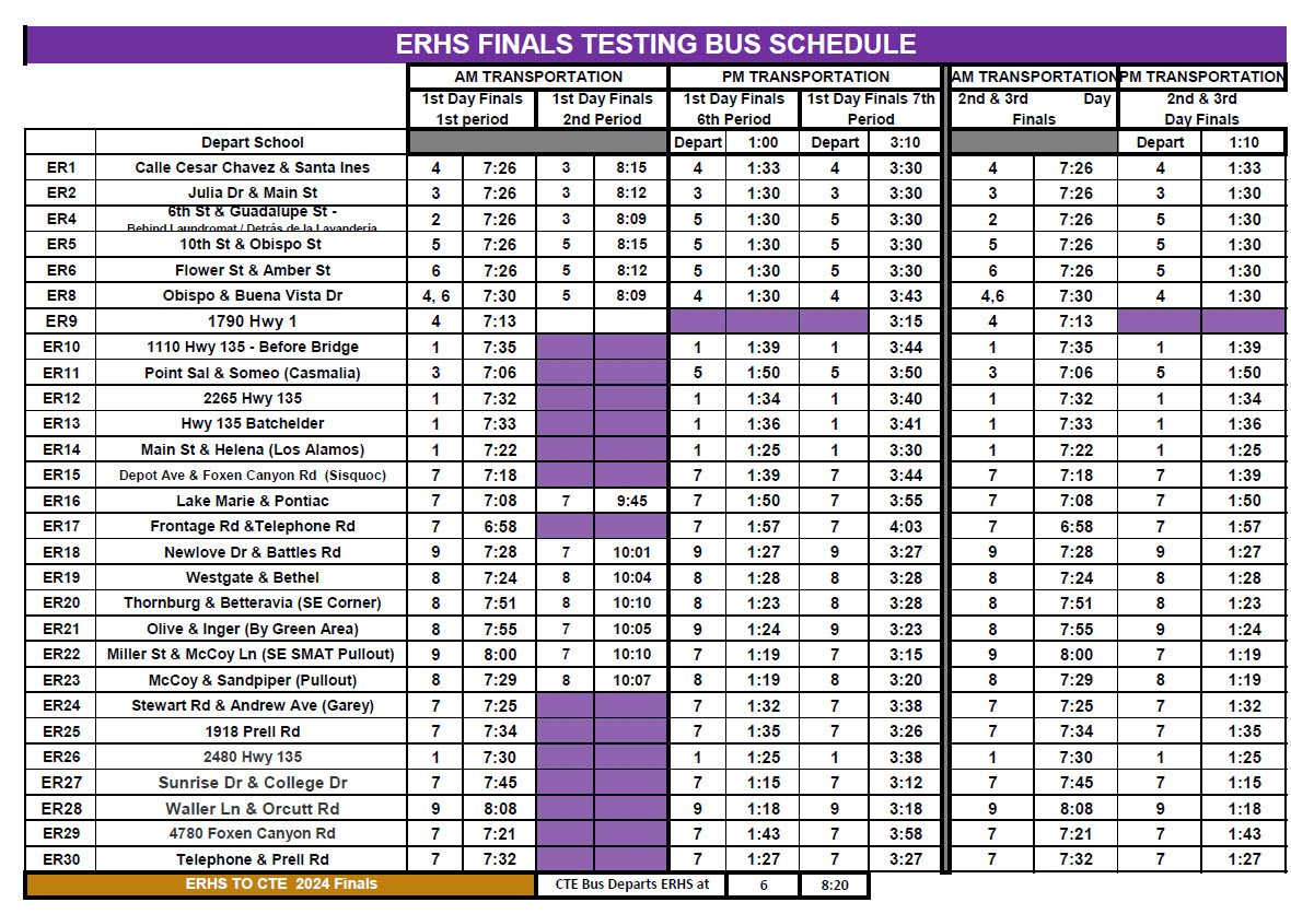 ERHS Finals Schedule June 9-11