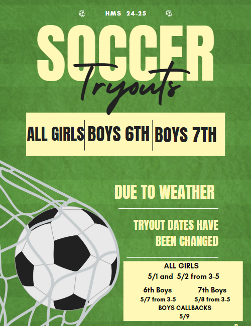 24-25 Soccer Tryout Schedule Change due to weather