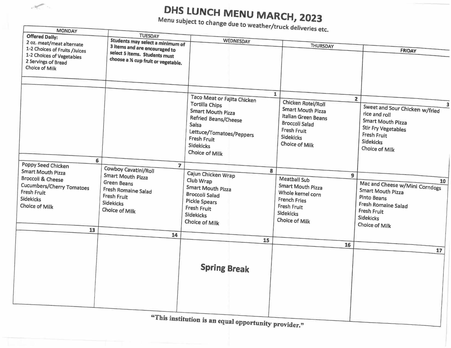 DHS Lunch Menu Page 1
