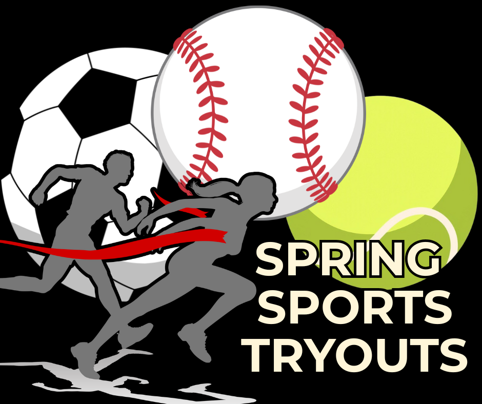 Spring sports tryouts with images of soccer, tennis, baseball, and runners