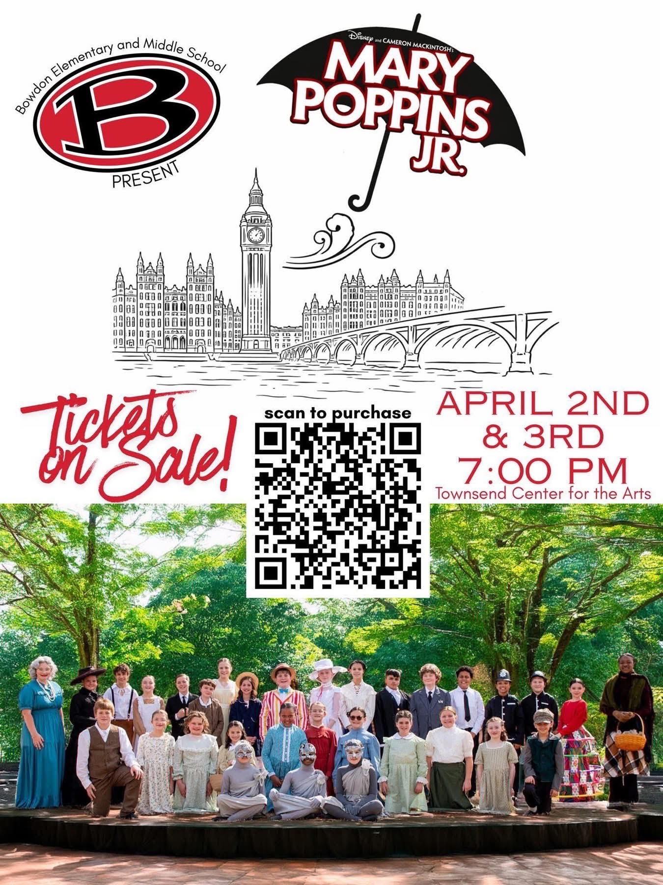 Mary Poppins flyer April 2nd and 3rd 7 pm Townsend Performance Arts