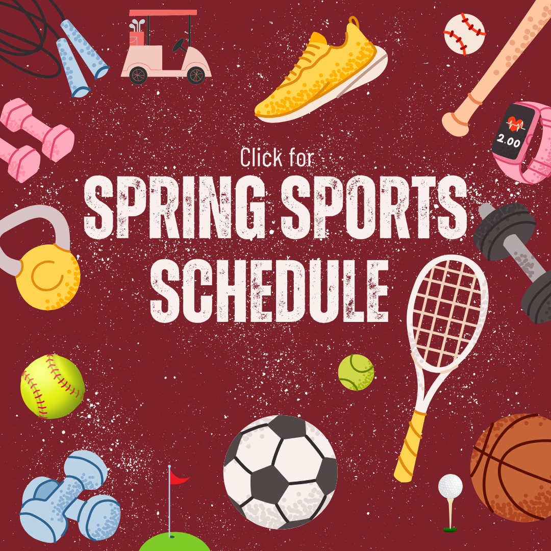 Athletics schedule 2025 with image of sports equipment. Click for schedule