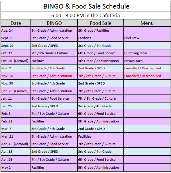 BINGO/Food Sale Schedule