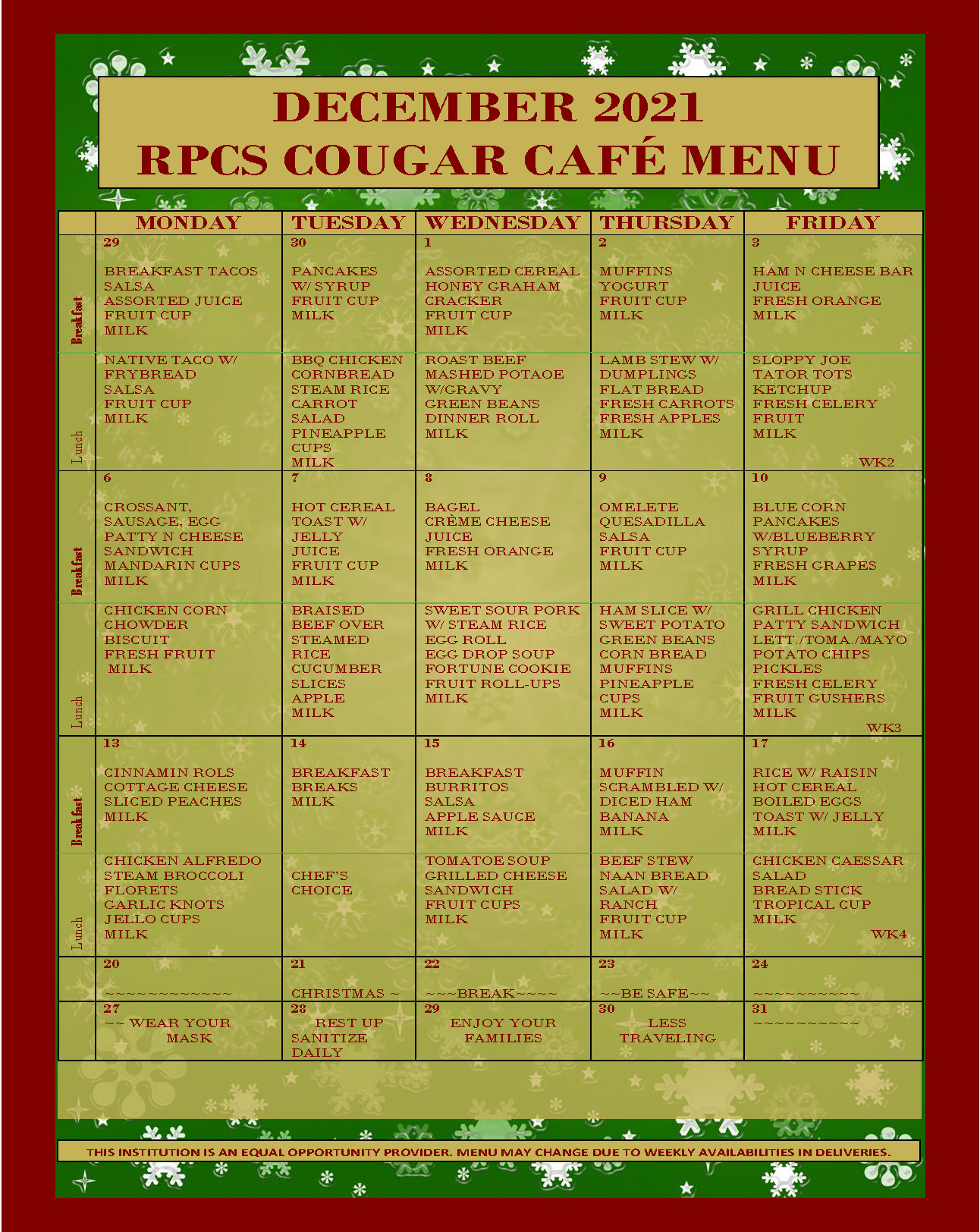 RPCS December Menu Calendar
