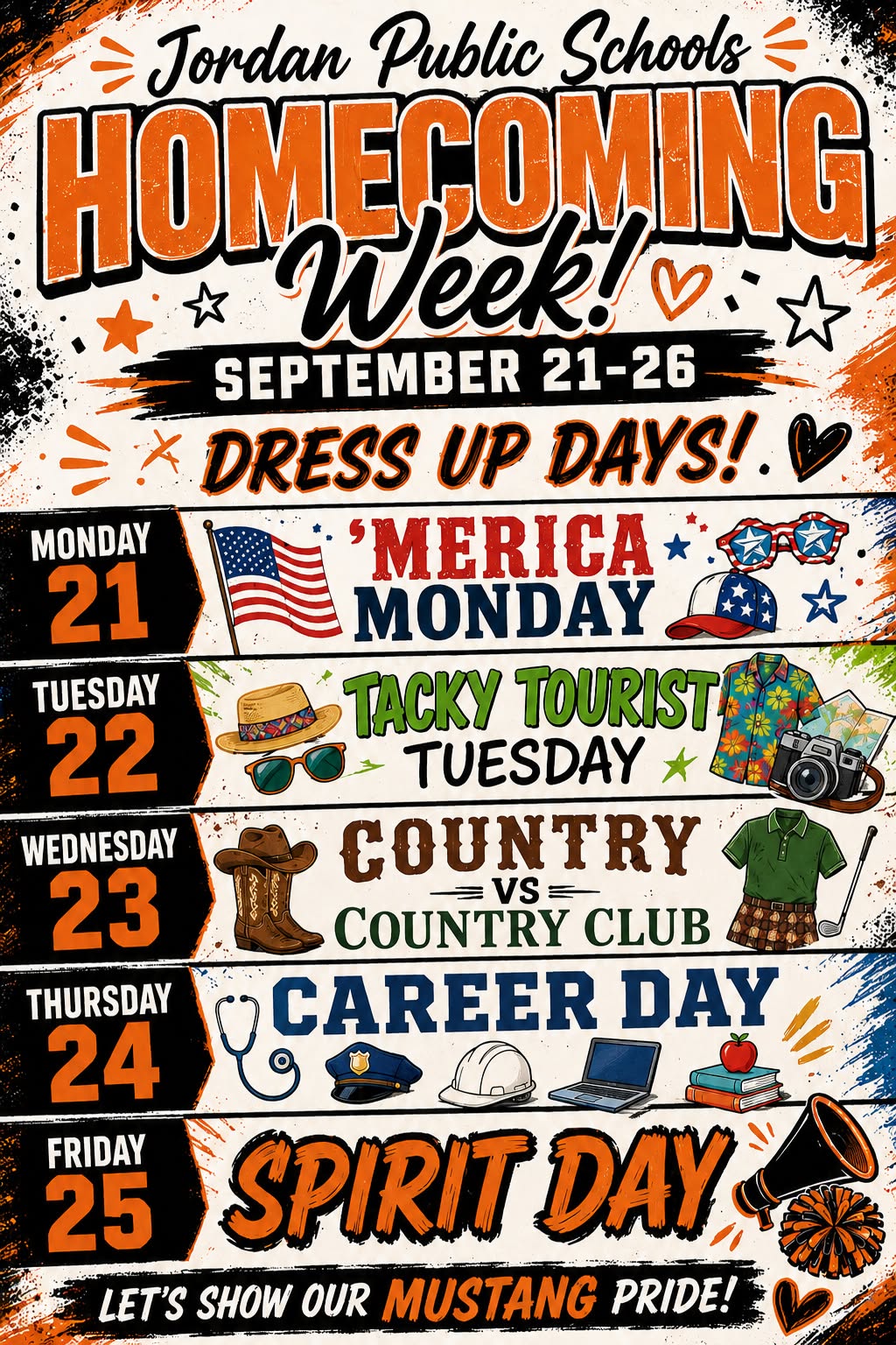 Jordan Public Schools Homecoming Week! September 21-26 Dress up Days! Monday 21 'Merica Monday Tuesday 22 tacky Tourist Tuesday Wednesday 23 Country vs Country Club Thursday 24 Career Day Friday 25 Spirit Day! Let's Show our Mustang PRide!