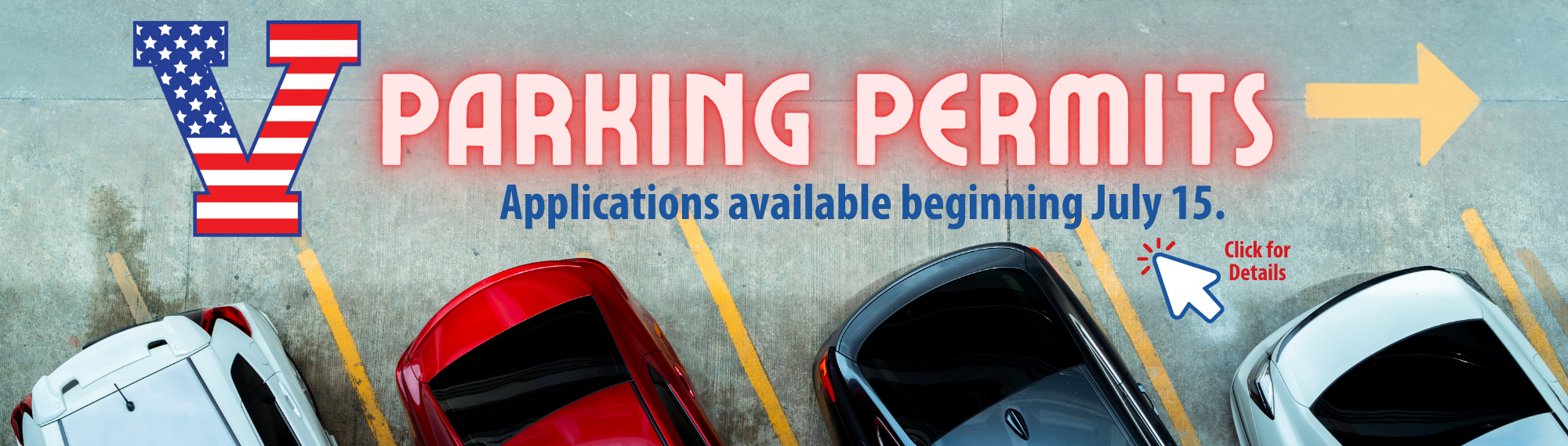 Parking Permits available beginning July 15.  Click for more information.