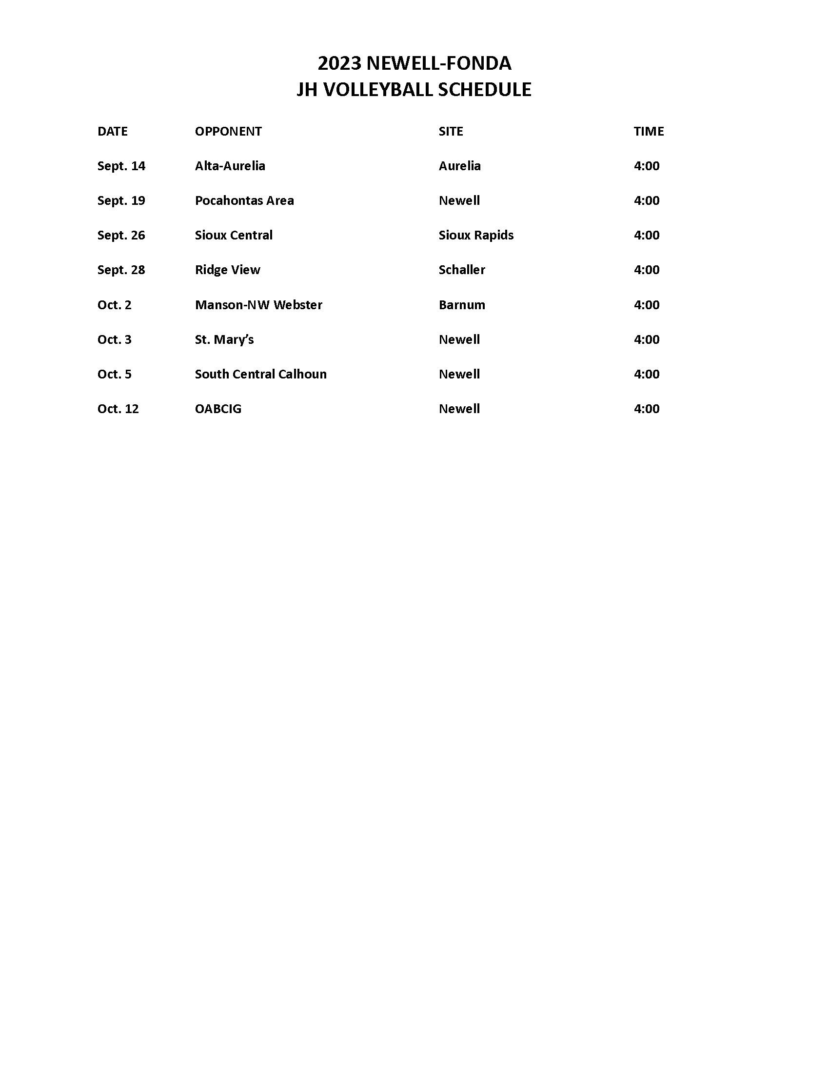 JV Volleyball Schedule 2023