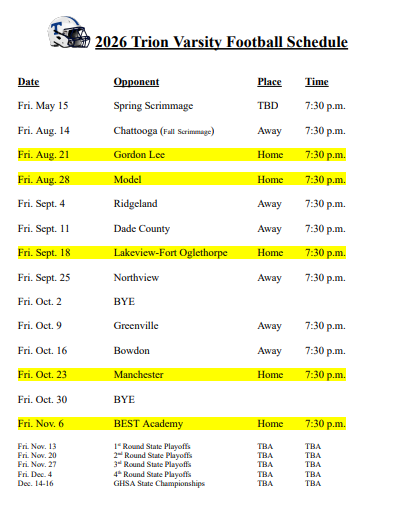 2026 VARSITY FOOTBALL SCHEDULE