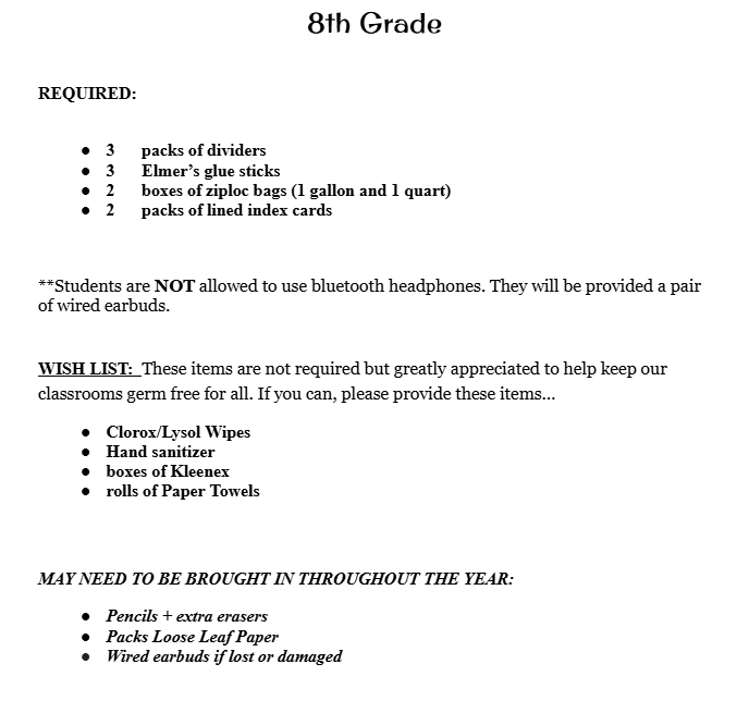 8th Grade Supply List 8th Grade Supply List