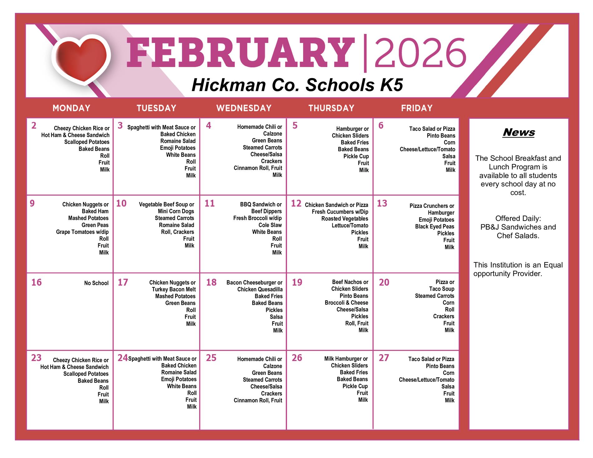 Febrauary daily lunch calendar for K-5