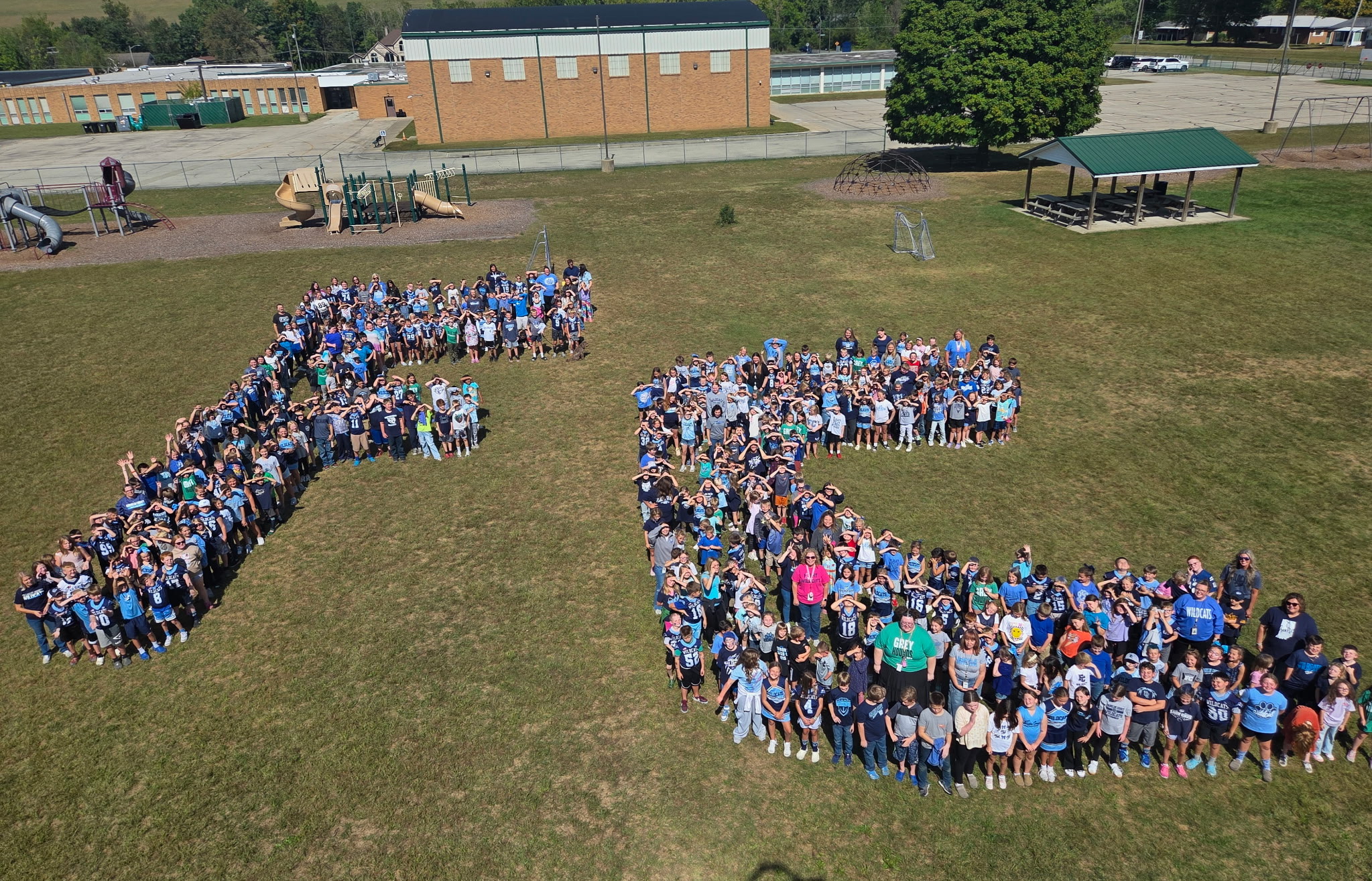 Aerial shot of BES students organized as FC