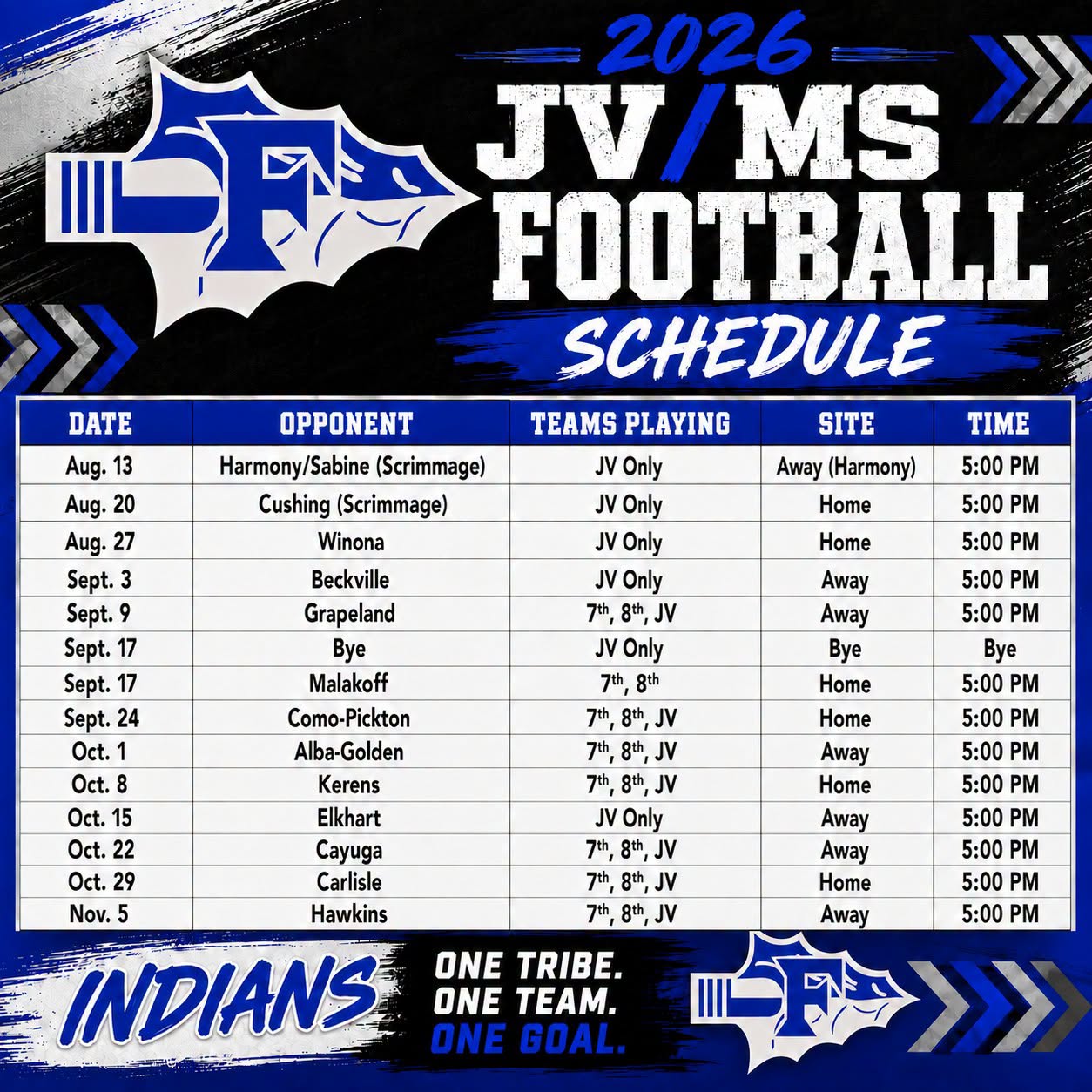 JV and Middle School Football schedule