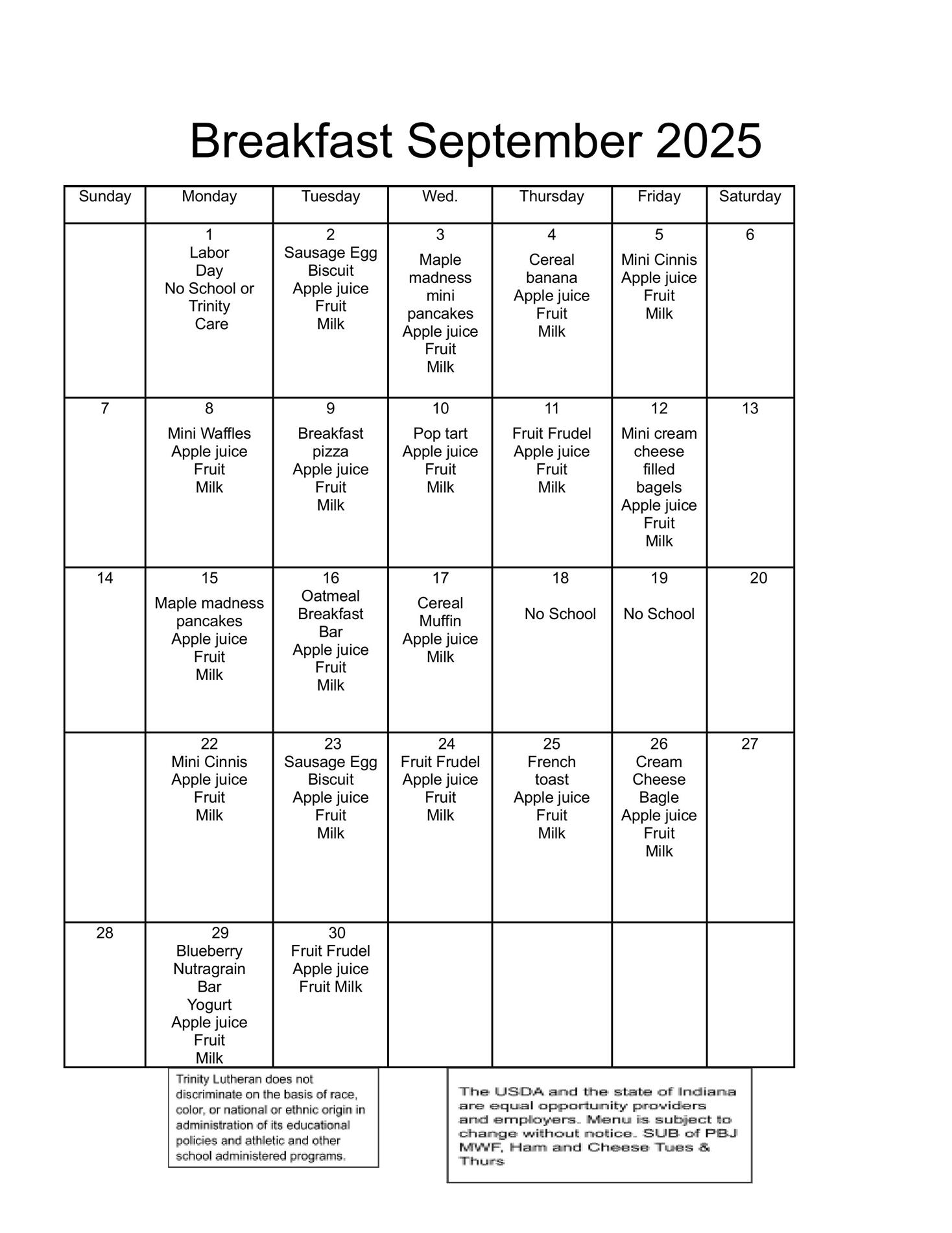 September Breakfast menu