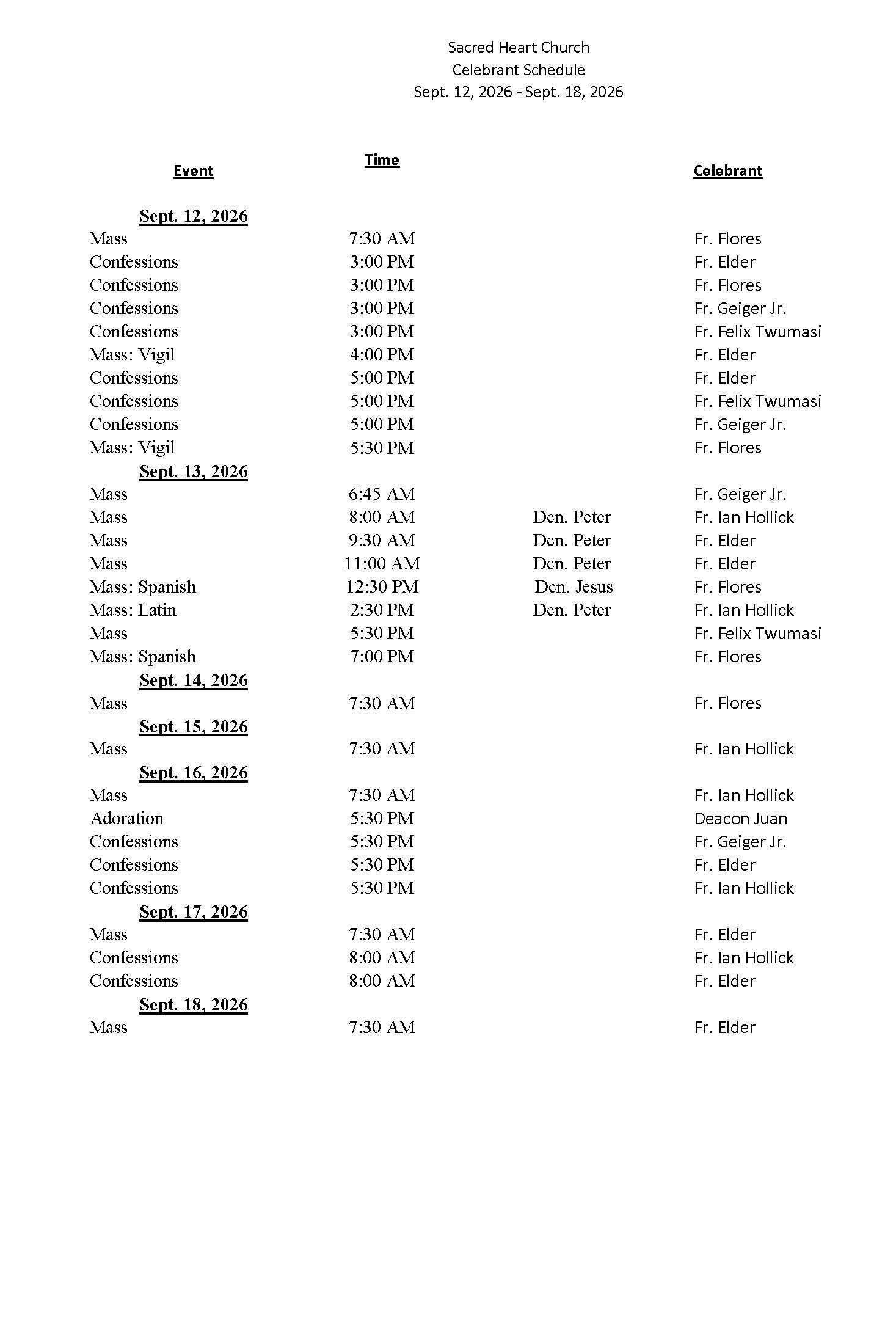 celebrant schedule