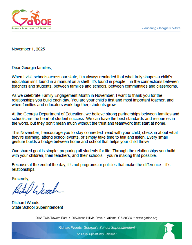Richard Woods Family Engagement Letter