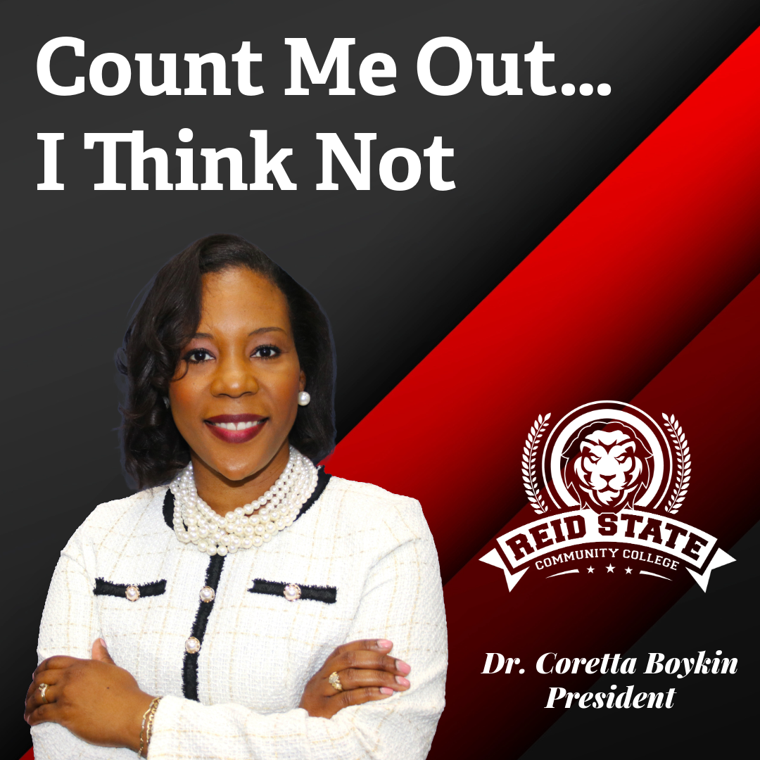 Dr. Coretta Boykin with School Logo in background and words of Article title: Count Me Out.... I Think Not
