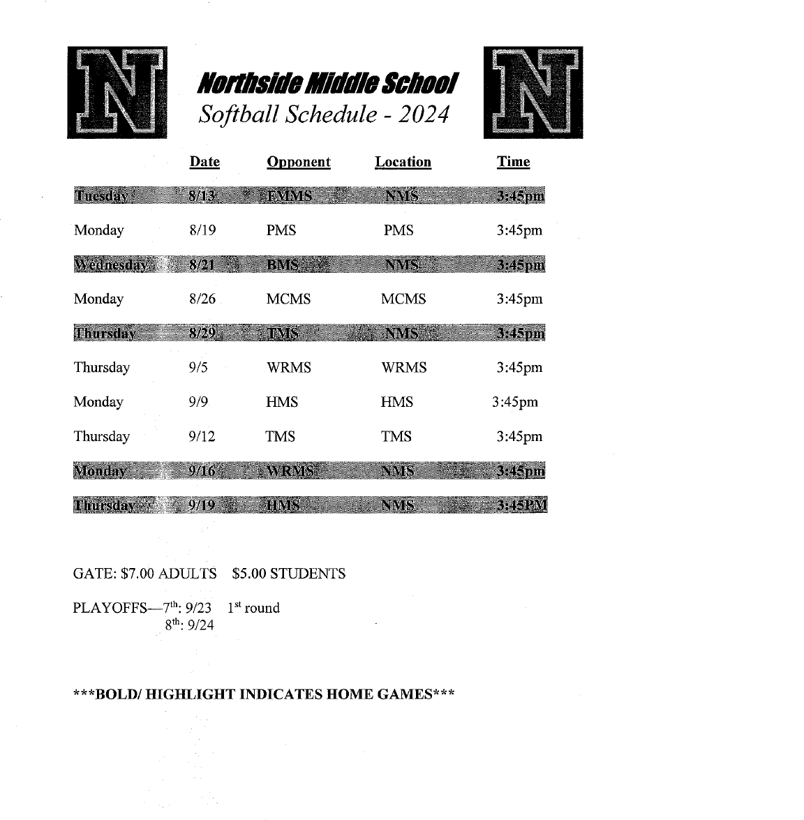 Softball schedule