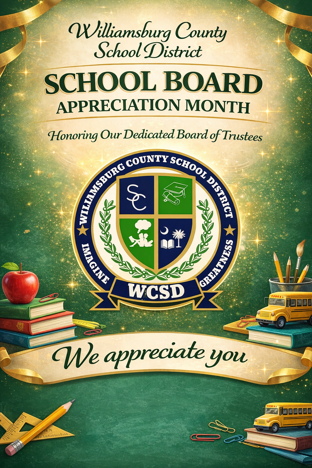 **Alt text:** School Board Appreciation Month flyer for Williamsburg County School District in green, gold, and white. The headline reads “Williamsburg County School District – School Board Appreciation Month” with the subtitle “Honoring Our Dedicated Board of Trustees.” The district’s circular logo is centered on the flyer. Decorative school-themed elements such as books, pencils, an apple, and a school bus appear around the edges. A ribbon-style banner at the bottom displays the message “We appreciate you.”