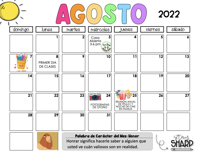 AUGUST 2022 SCHOOL CALENDAR (SPANISH)