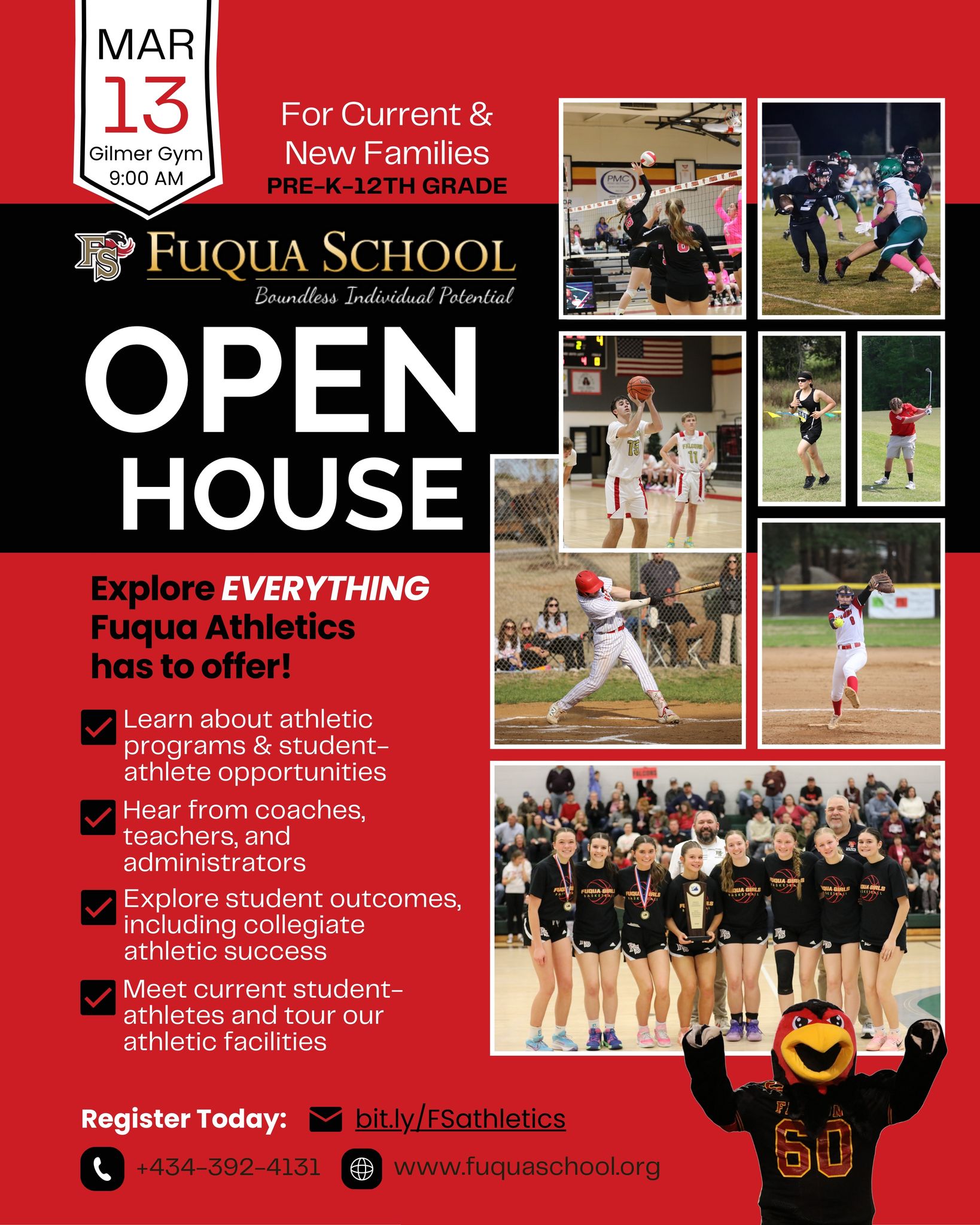 Athletics Open House on March 13. Learn about the Athletics Programs at Fuqua School at 9:00AM in Gilmer Gym