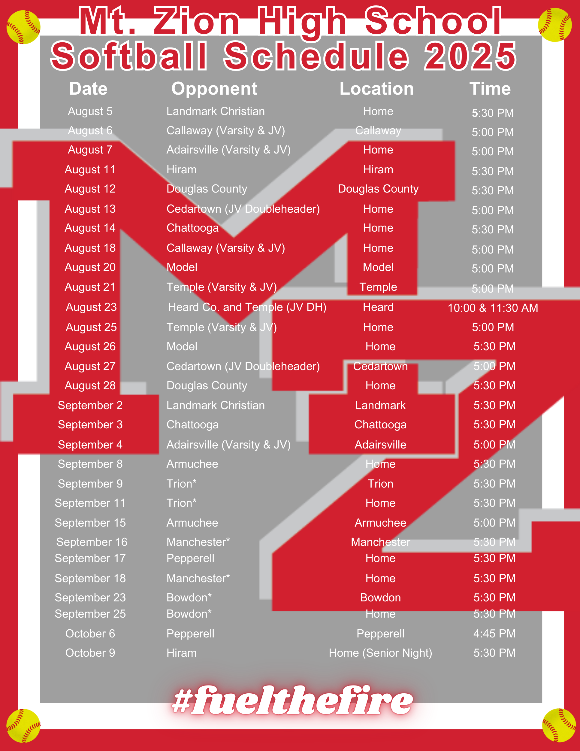 Softball Schedule 2025