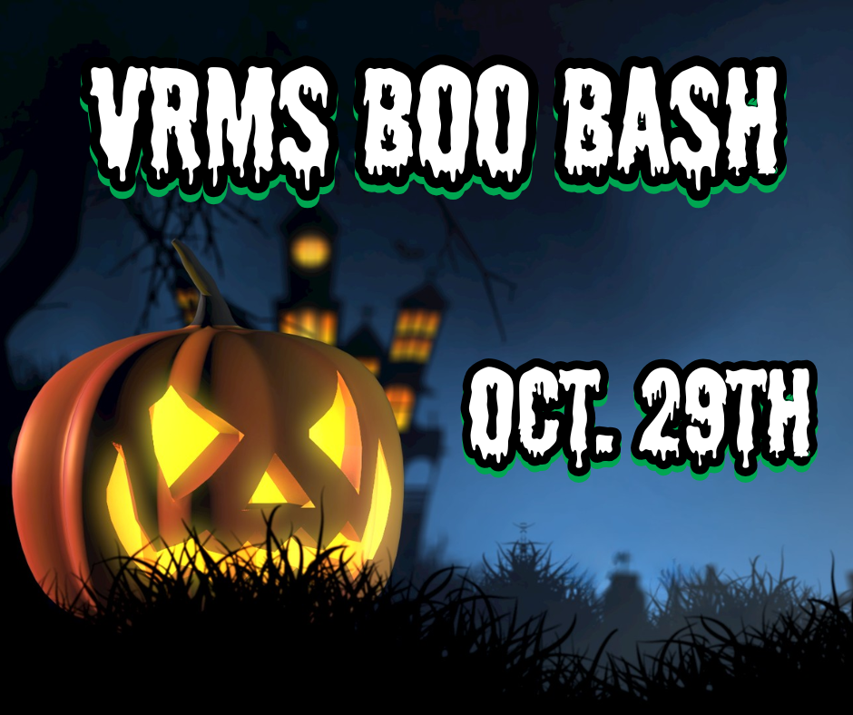 VRMS Book Bash. Oct. 29th. Background consists of haunted house, pumpkin, and cemetary.