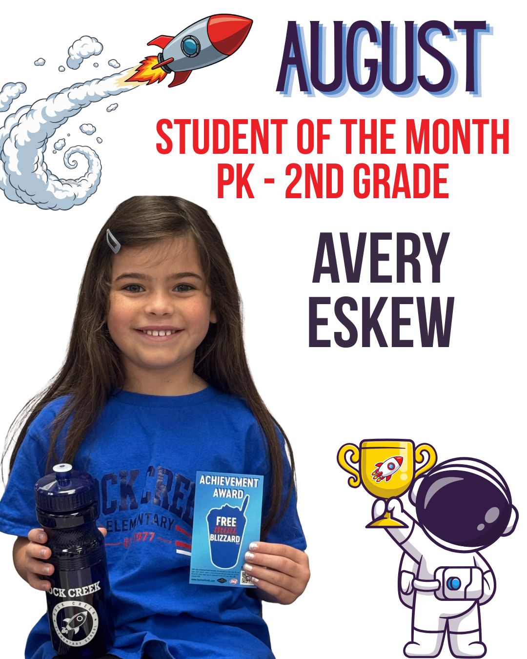 September Student of the Month for PK-2nd Grade is Avery Eskew