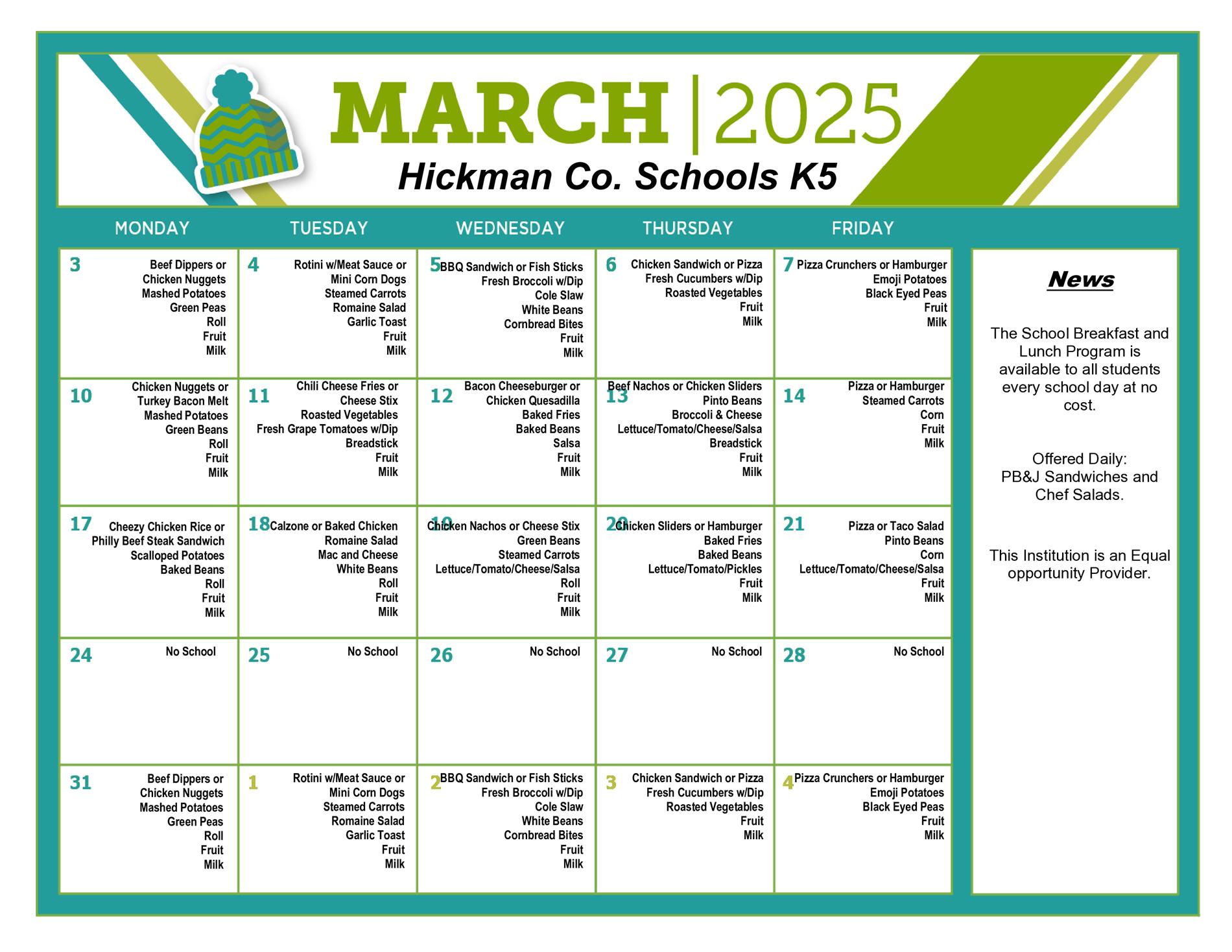 Lunch menus for the elementary & intermediate schools