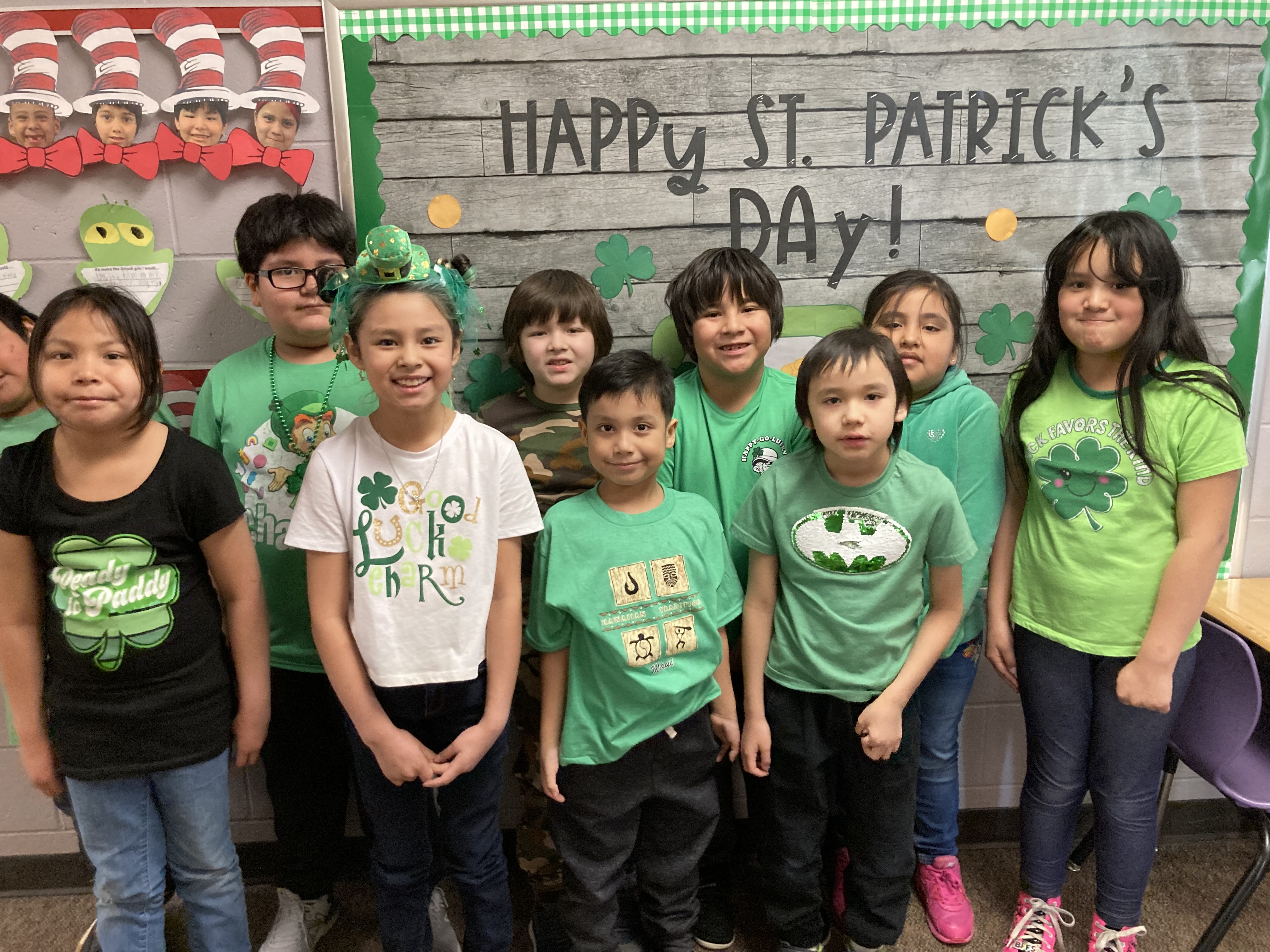 Group 2 of Elementary Students wearing St. Patrick's Day shirts