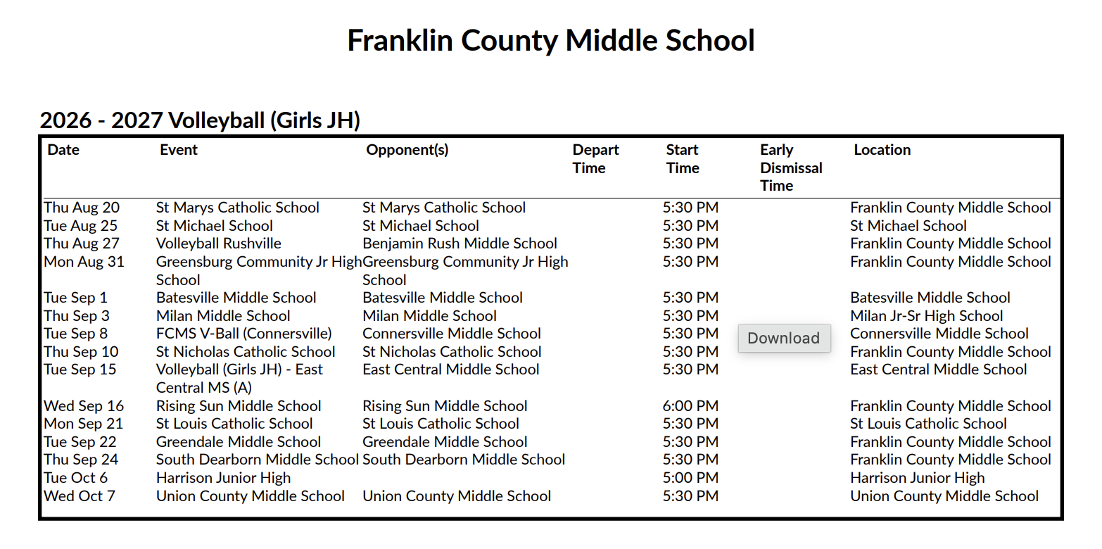 Updated volleyball schedule 8.12.26