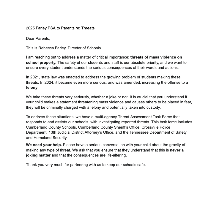 2025 Farley PSA to Parents re: Threats announcement 