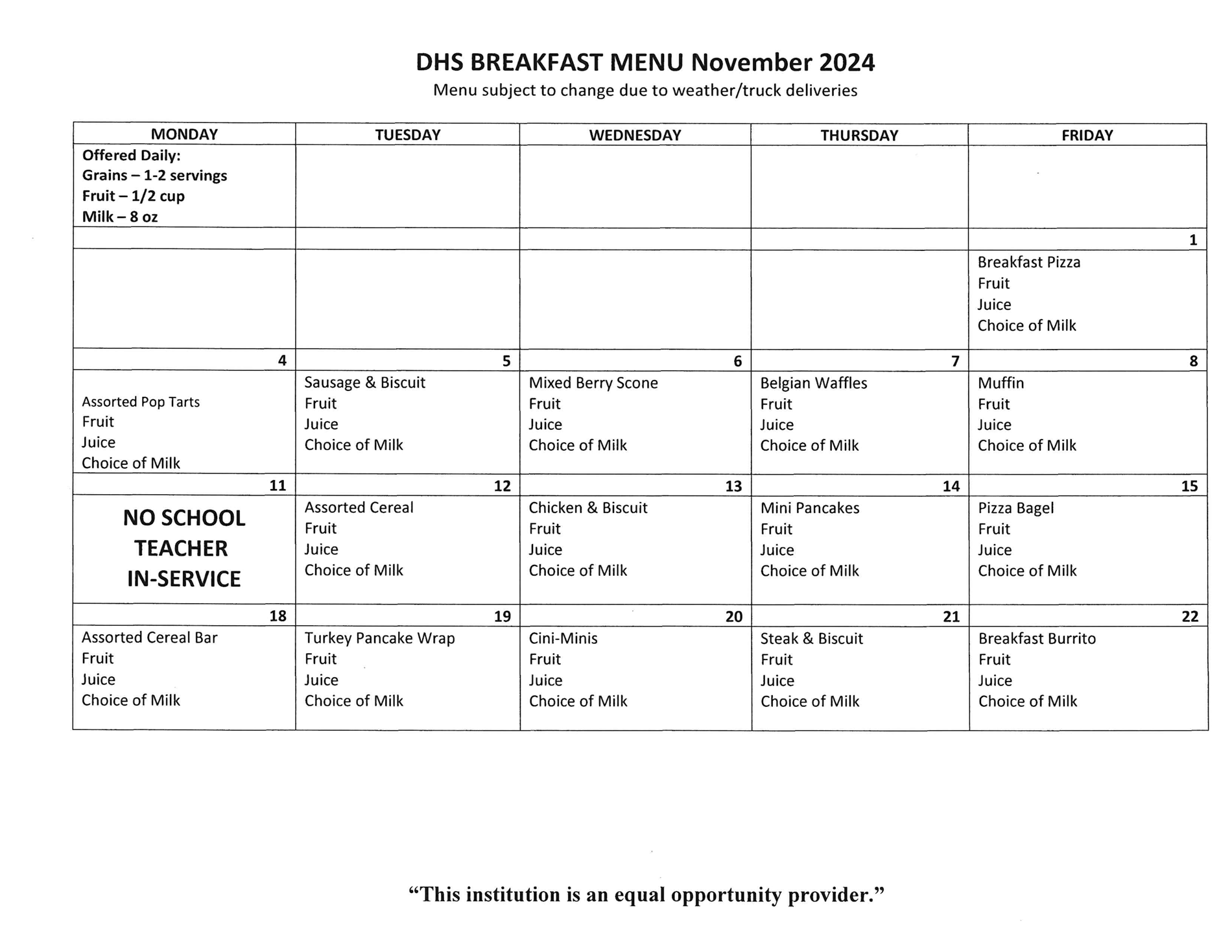 DHS Breakfast Menu